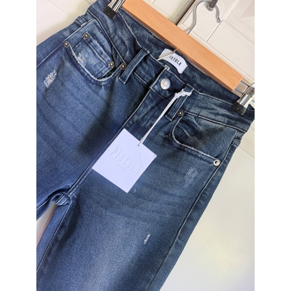 Pistola High Rise Cropped Flare Jeans Dark Wash Distressed Raw Hem Size 26 NEW